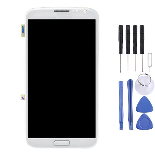 LCD Touch Panel Replacement with Frame for Galaxy Note II N7100 in White Color, showcasing the screen display for Galaxy Note II N7100.