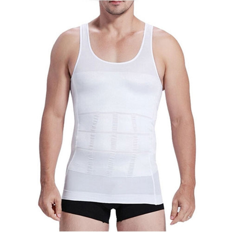 Men's slimming body shaper vest in size S, white color, made of breathable polyester fiber fabric with abdomen control feature.