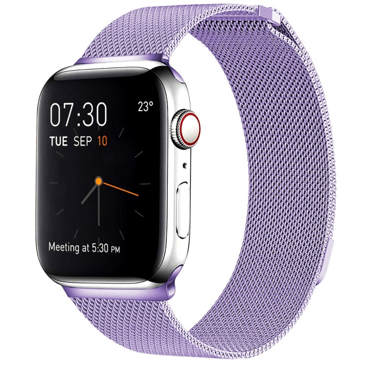 Light purple Milanese loop magnetic stainless steel watch band for Apple Watch Series 7 and earlier models, featuring a unique design and premium comfort, adjustable wrist strap, perfect for 41mm and 40mm sizes.