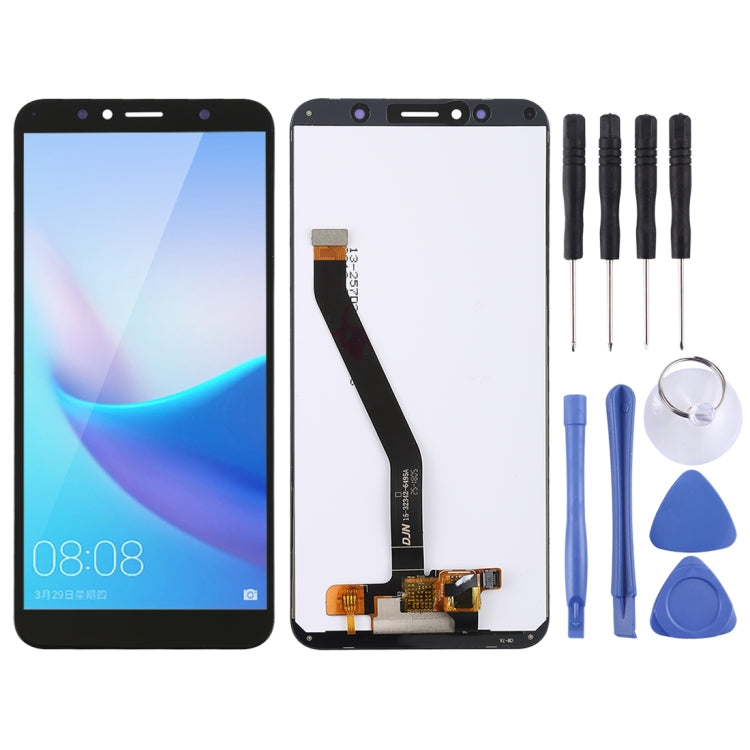 Close-up image of OEM Huawei Honor 7A LCD screen with digitizer assembly, featuring installation tips and highlighting key features for easy replacement.