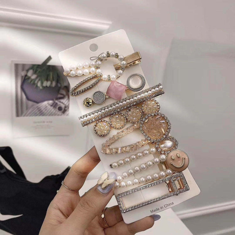 Eight pieces of full diamond alloy hairpins in a set, featuring colorful pearl and rhinestone clips, perfect for dazzling hair styling.